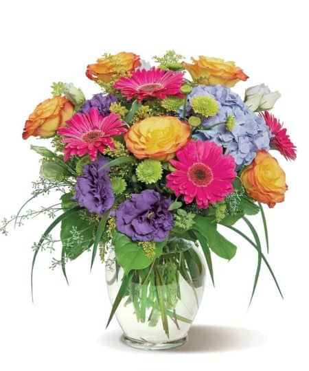Brilliantly hued colors of the rainbow are represented in this arrangement of hot pink gerberas, blue hydrangea, orange roses, purple lisianthus, green button mums and solidago. 