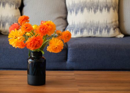 Pretty orange flowers in blue glass vase on cofee table in front of blue couch
